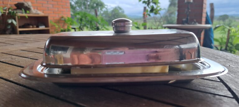 Butterdose aus Paraguay, deren Deckel nicht über das Butterstück passt